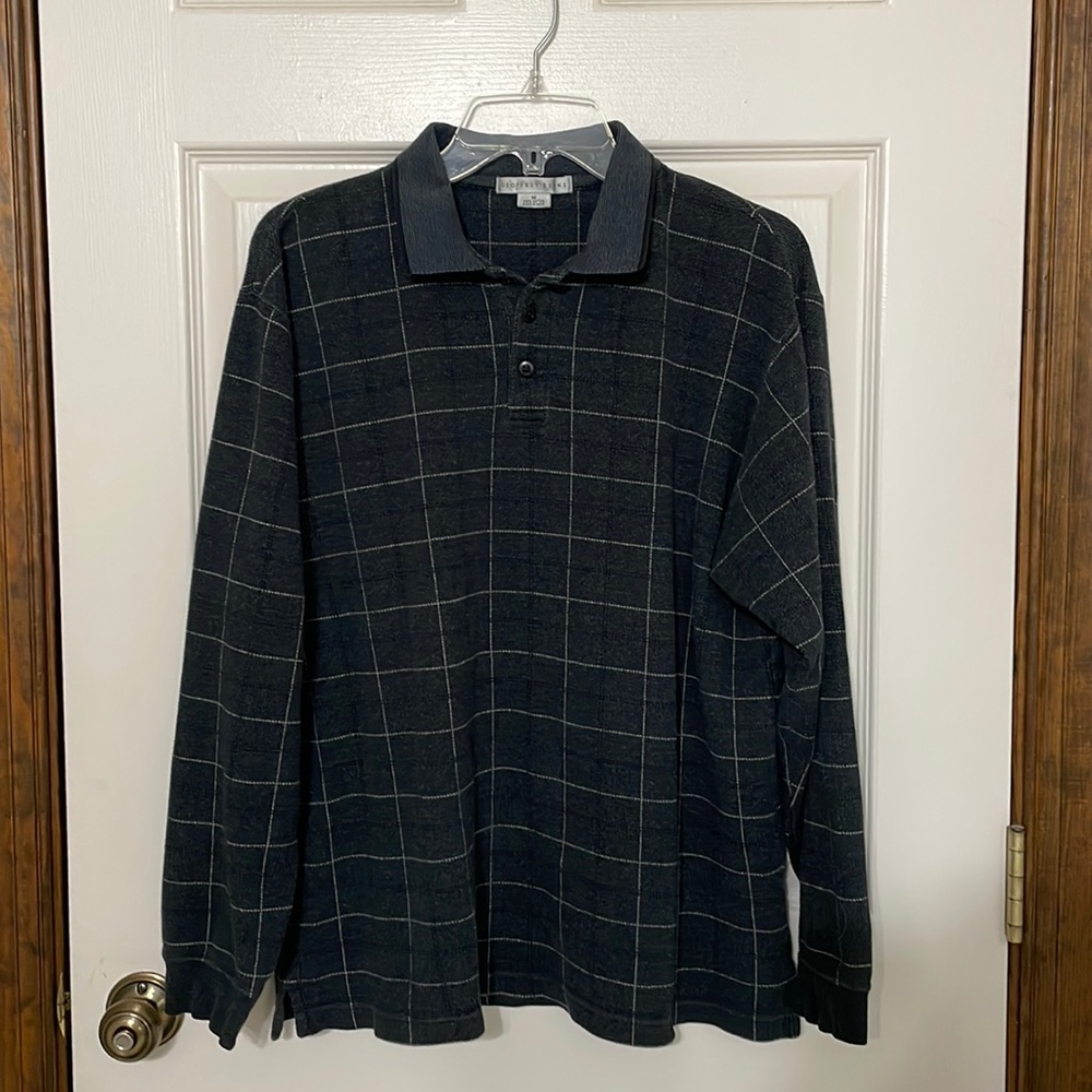 Geoffrey Beene Gray White Long Sleeve Polo Shirt Sz. Medium